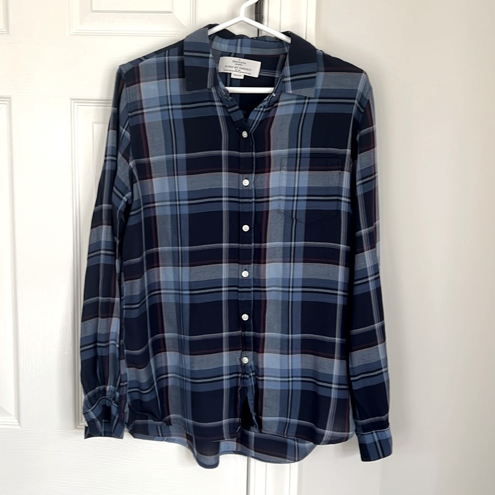 Trovata Birds of Paradise Navy Blue Plaid Blouse